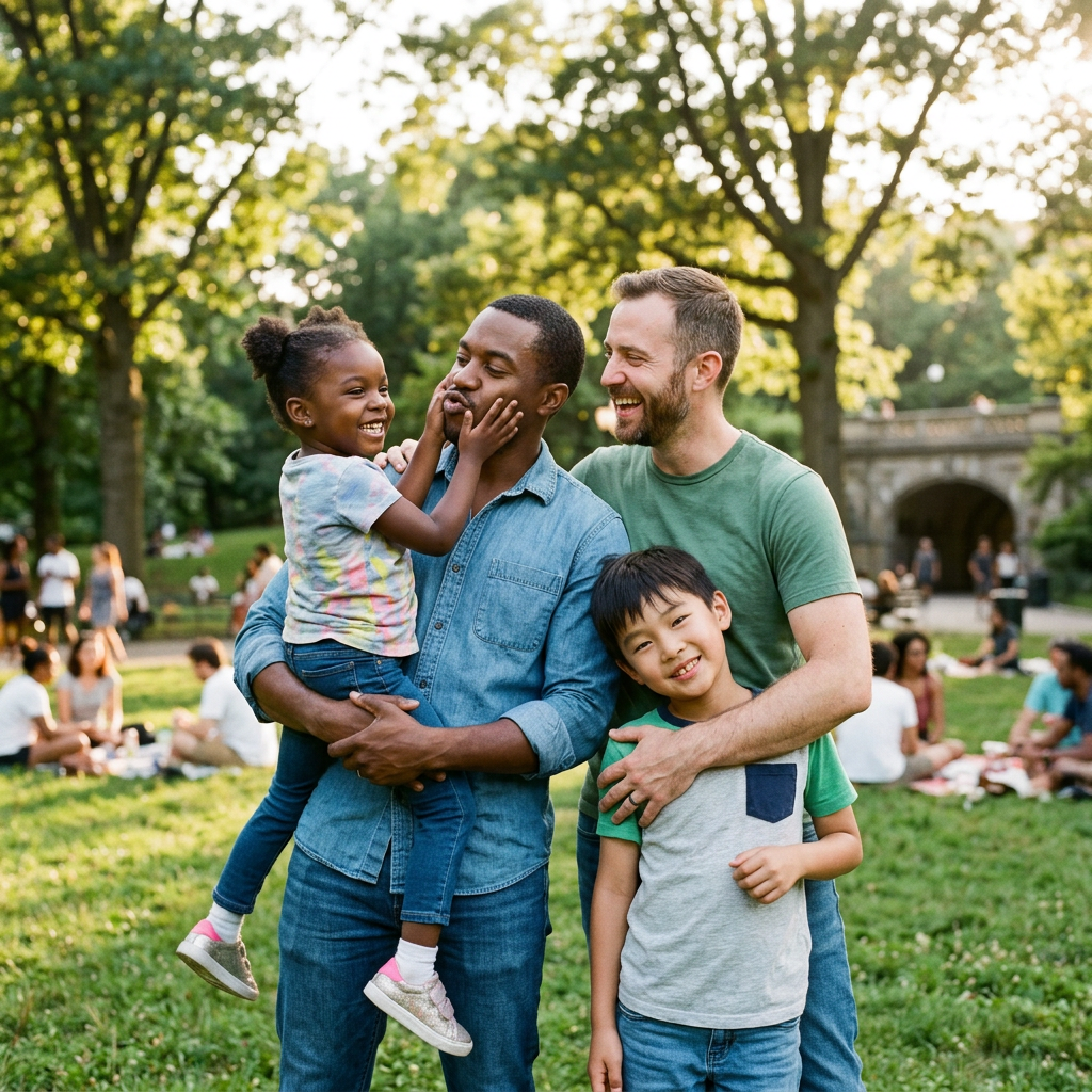 Two men holding a laughing girl and boy in a green park with other people in the background