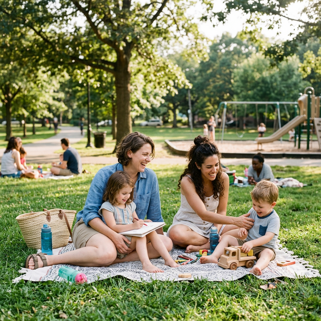 Lesbian couple with children in sunny park
